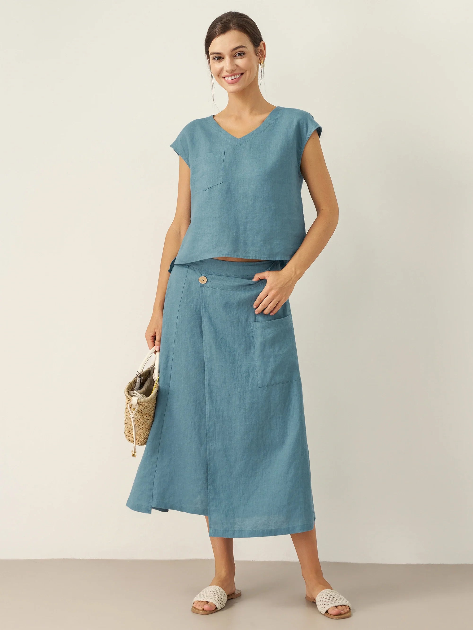 100% Linen V-Neck Cap Sleeve Crop Top FRESSA