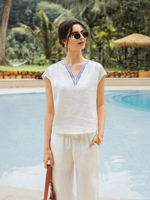 100% Linen V-Neck Embroidered Crop Top FENE
