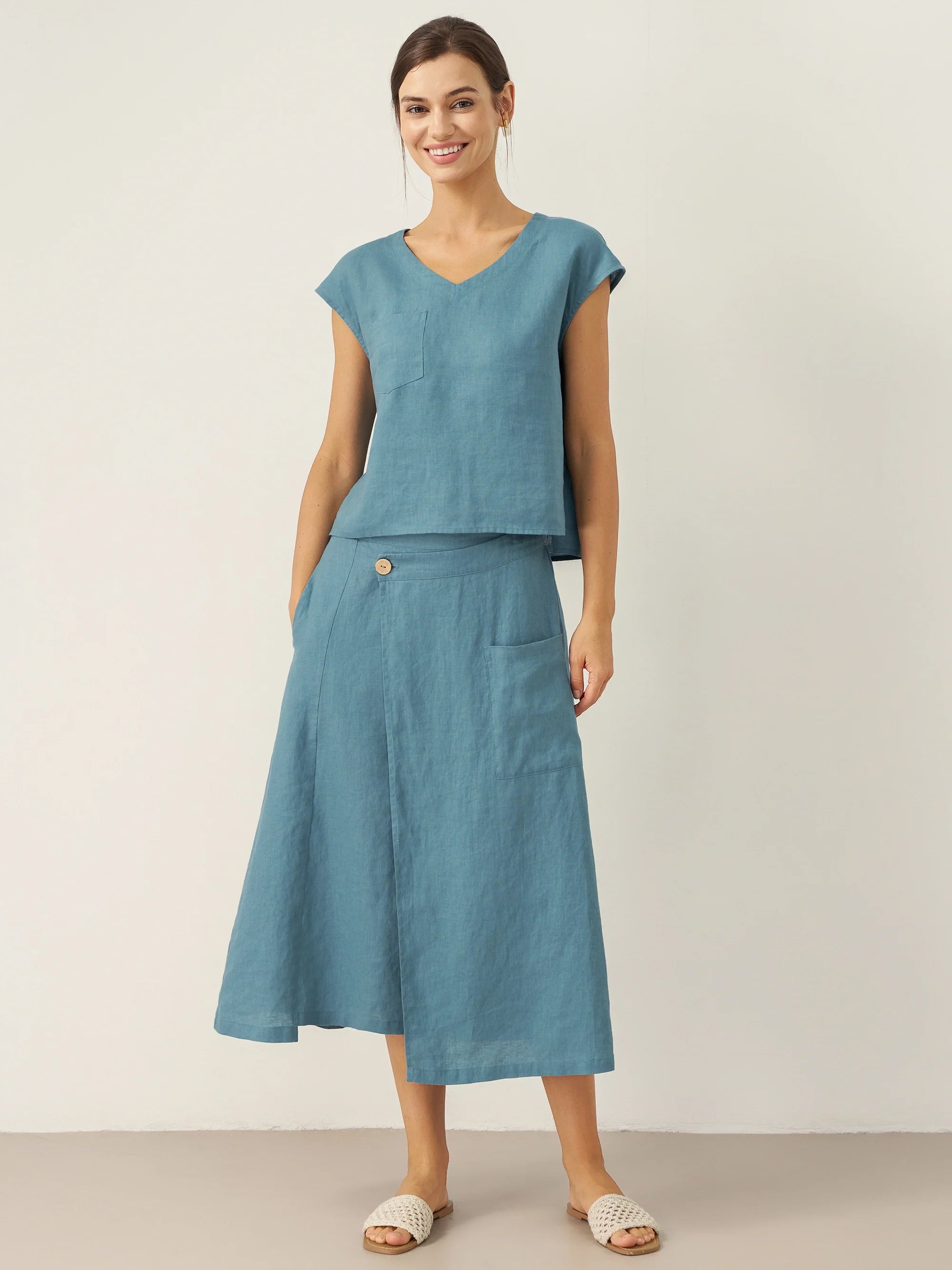 100% Linen V-Neck Cap Sleeve Crop Top FRESSA